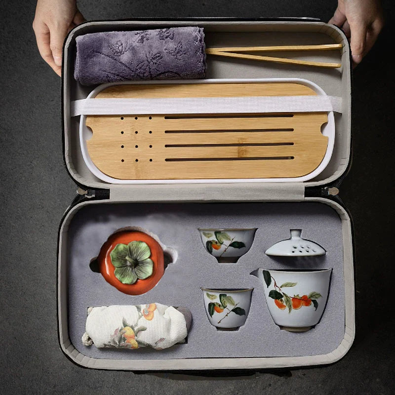 Yuebai Ru Kiln Persimmon Kuaike Cup One Pot Two Cups Tea Set Cloth Bag Portable Travel Kung Fu Tea Set
