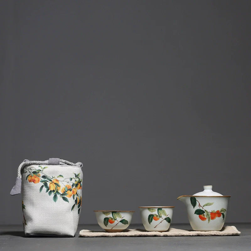 Yuebai Ru Kiln Persimmon Kuaike Cup One Pot Two Cups Tea Set Cloth Bag Portable Travel Kung Fu Tea Set