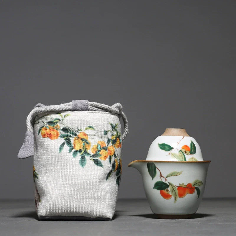 Yuebai Ru Kiln Persimmon Kuaike Cup One Pot Two Cups Tea Set Cloth Bag Portable Travel Kung Fu Tea Set