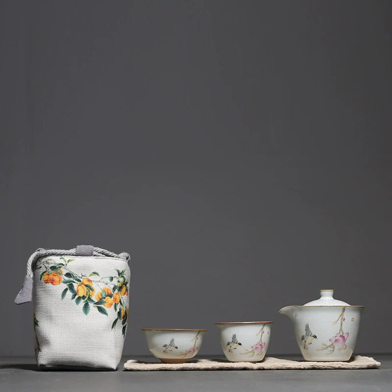 Yuebai Ru Kiln Persimmon Kuaike Cup One Pot Two Cups Tea Set Cloth Bag Portable Travel Kung Fu Tea Set