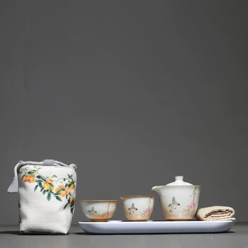 Yuebai Ru Kiln Persimmon Kuaike Cup One Pot Two Cups Tea Set Cloth Bag Portable Travel Kung Fu Tea Set